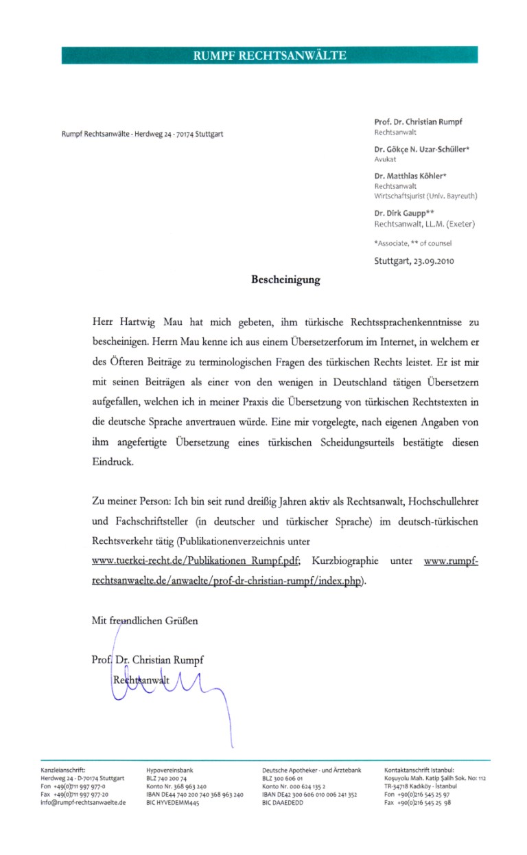 Prof. Dr. Christian Rumpf, Bescheinigung